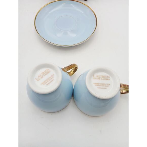 Ralph Lauren Hampton’s Tea Sky Blue with Gold Trim CUPS & SAUCERS Set Of 2 Vtg - Picture 5 of 10